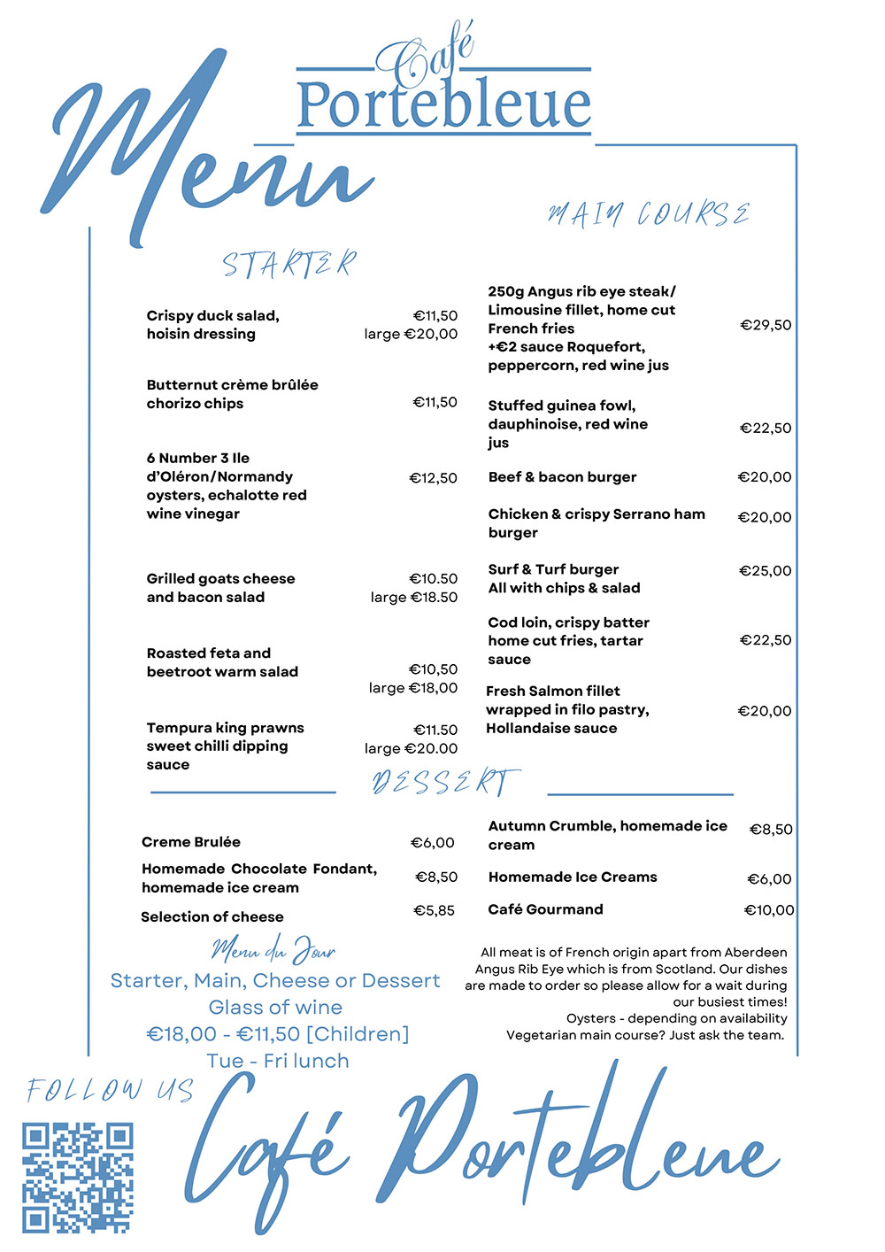 Cafe Portebleue Verteuil-sur-Charente Valentines menu