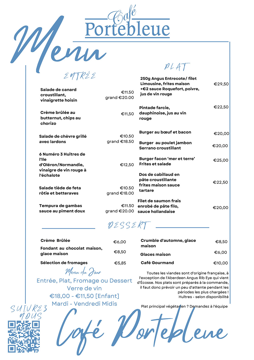Cafe Portebleue Valentines menu