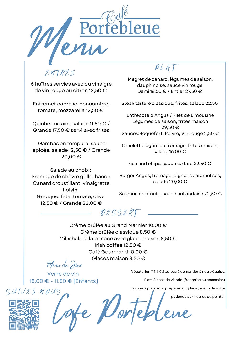 Menu d'été 2026 du Café Portebleue